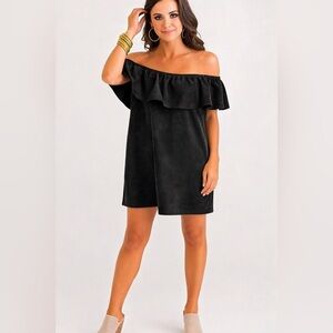 Karlie Faux Suede Off Shoulder Dress Small Black Boho Western Shift Boutique
